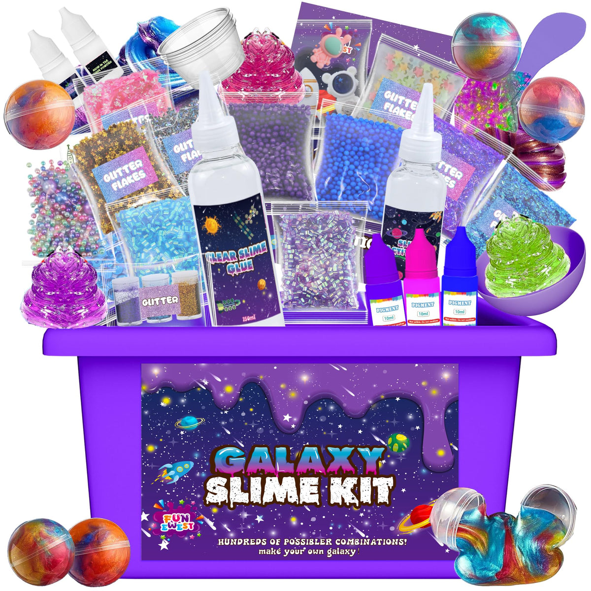 Funewest slime kit with galaxy glow stickers for creative night-time play.