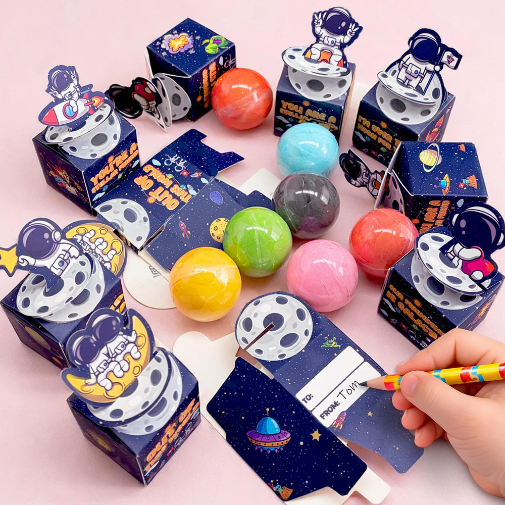 Funewest space astronaut Valentine cards paired with vivid slime toys for engaging school celebrations.