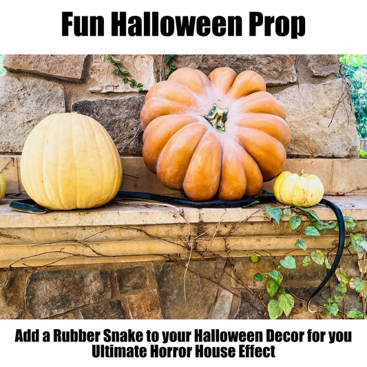 FunFamz large black rubber snake toy, coiled design, convincing backyard prank.