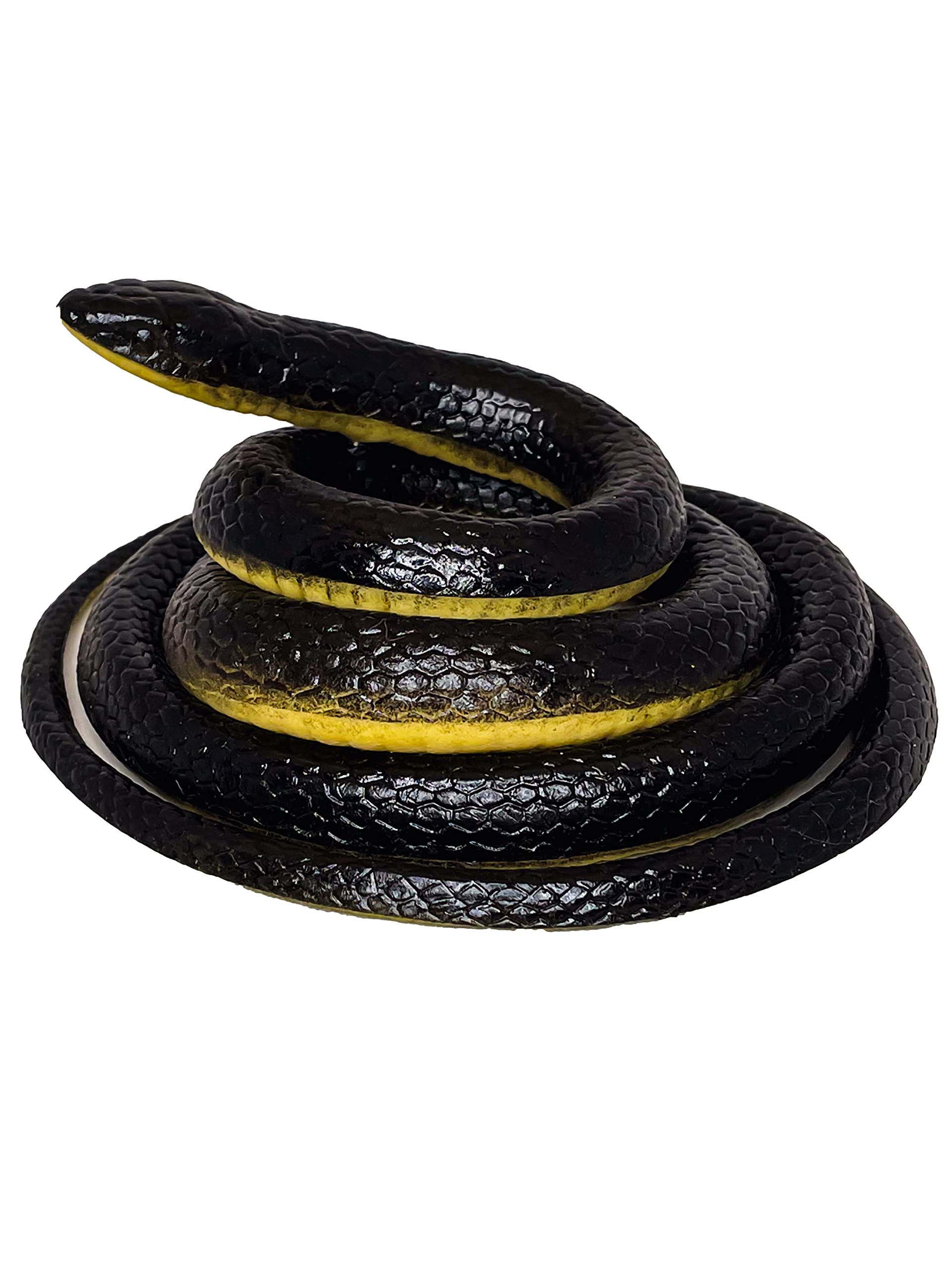 FunFamz large black rubber snake toy, front view, lifelike prank prop for outdoors.