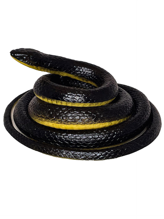 FunFamz large black rubber snake toy, front view, lifelike prank prop for outdoors.