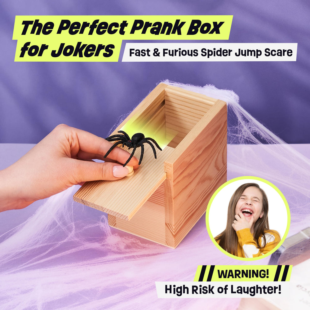 FunFamz Original Spider Prank Box open lid reveals jumping spider moment