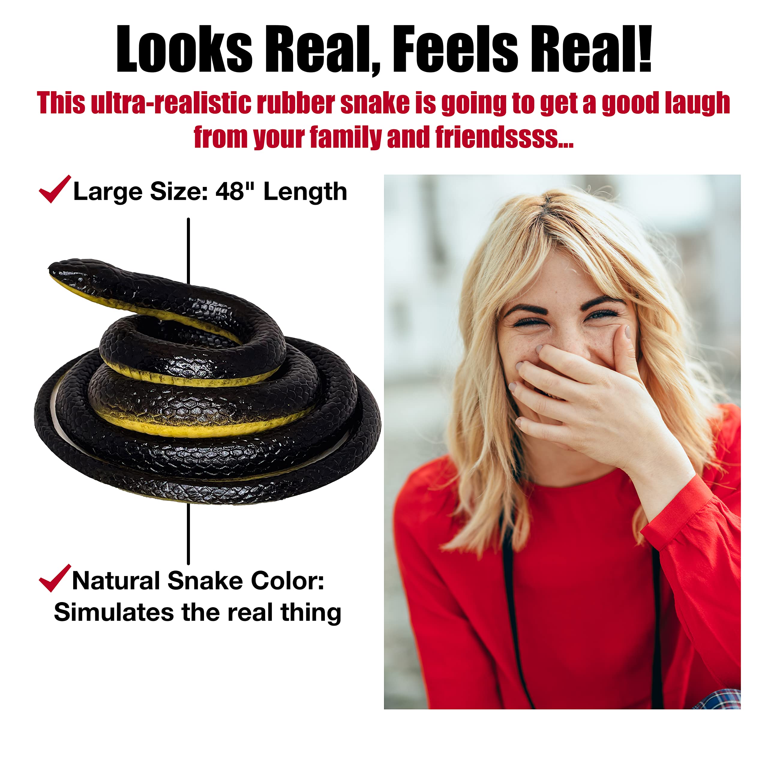 FunFamz large black snake prop, Halloween or Christmas prank accessory.