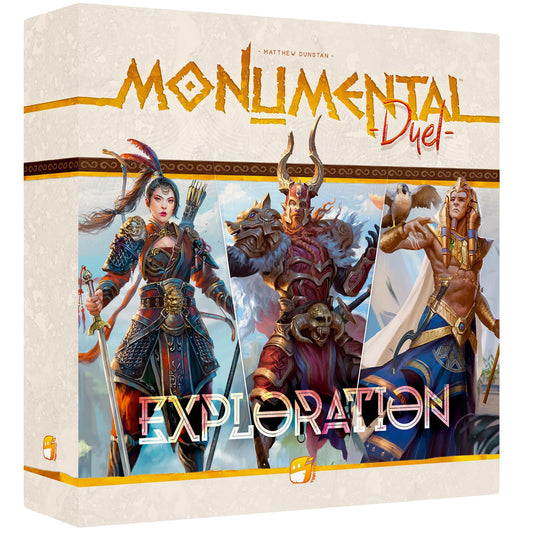 Funforge Monumental Duel Exploration box cover illustrates setup for two players and fast, engaging gameplay.