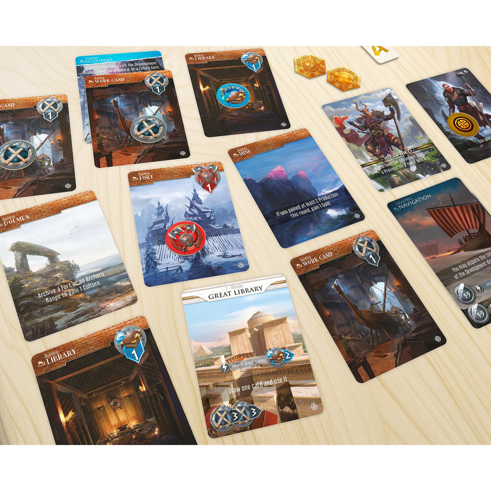 Funforge Monumental Duel Exploration cards and buildings enable city growth and varied strategies.