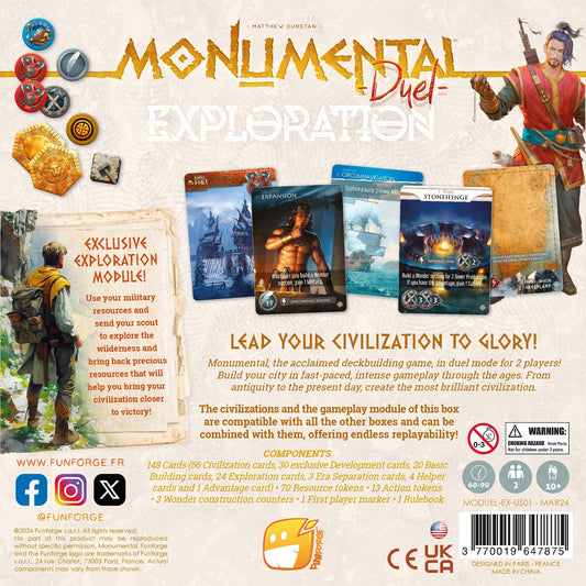 Funforge Monumental Duel Exploration components reveal civilizations and resources key to strategic play.