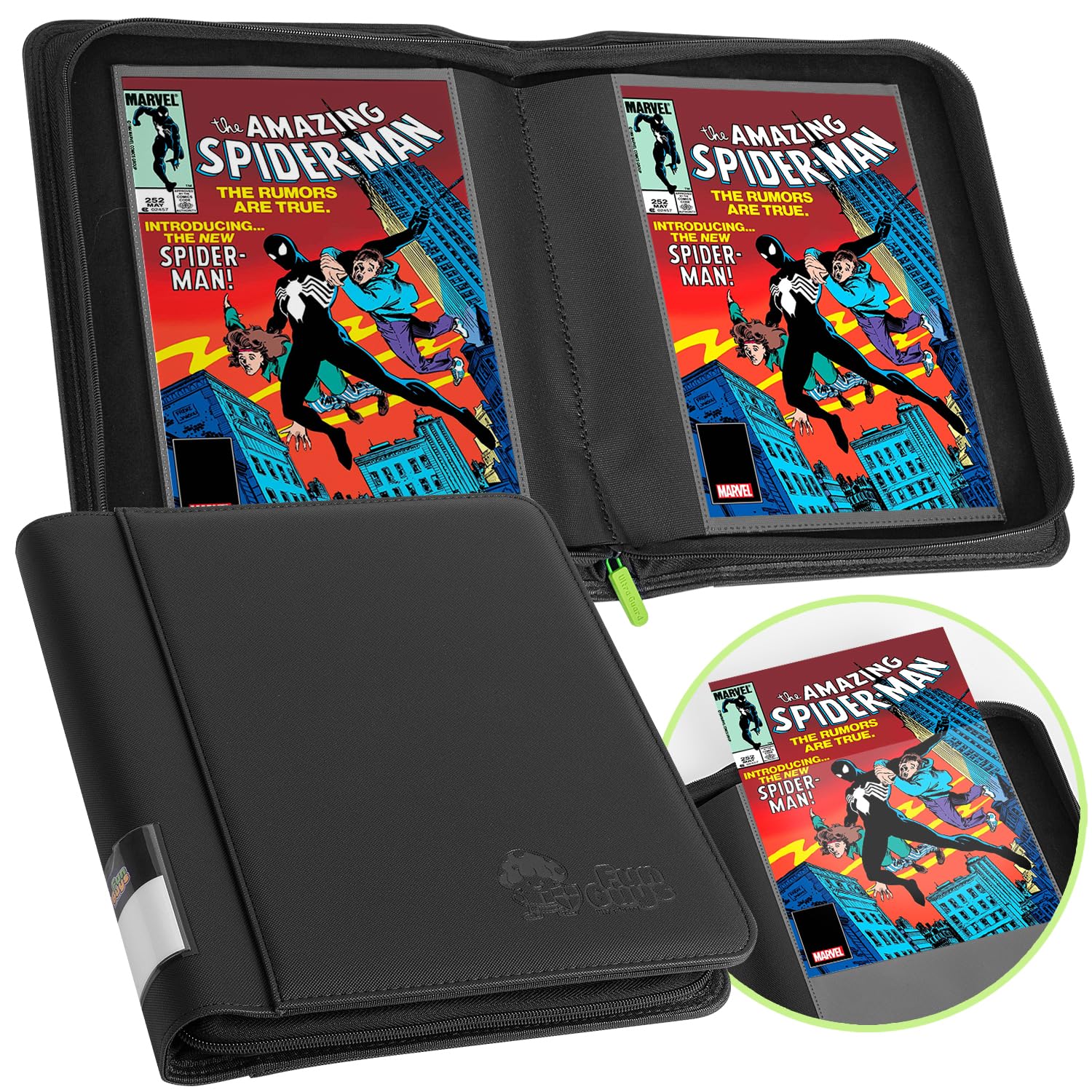 FunGuys comic storage binder front view protects 32 comics with double-sided pockets.