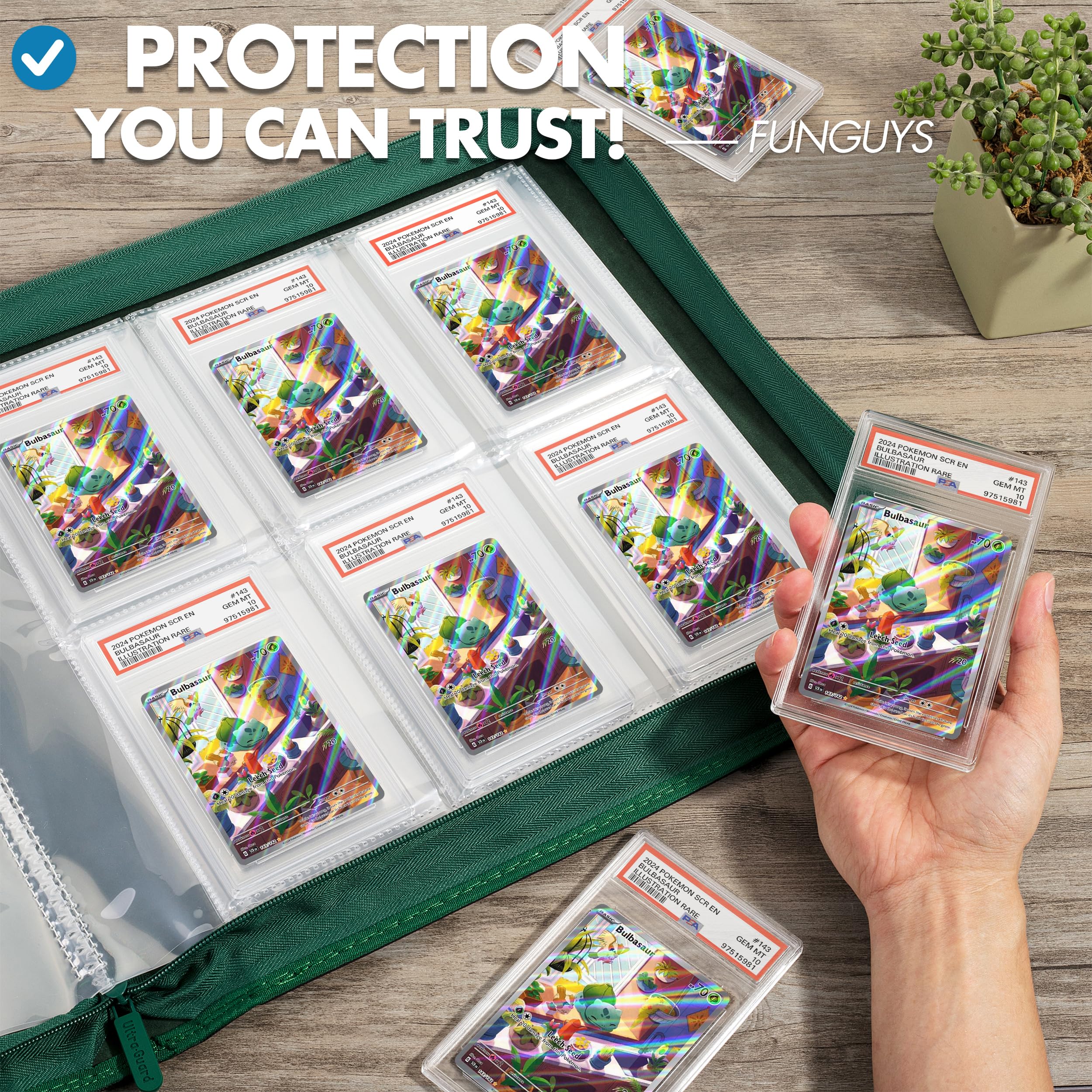 Side-loading pockets keep graded cards flat and visible in the binder.
