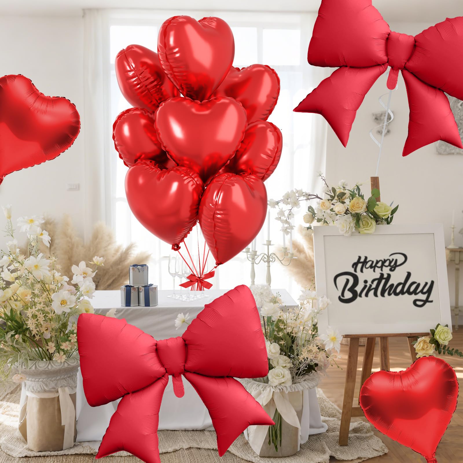FunHot elegant wedding décor setup with heart and bow balloons.