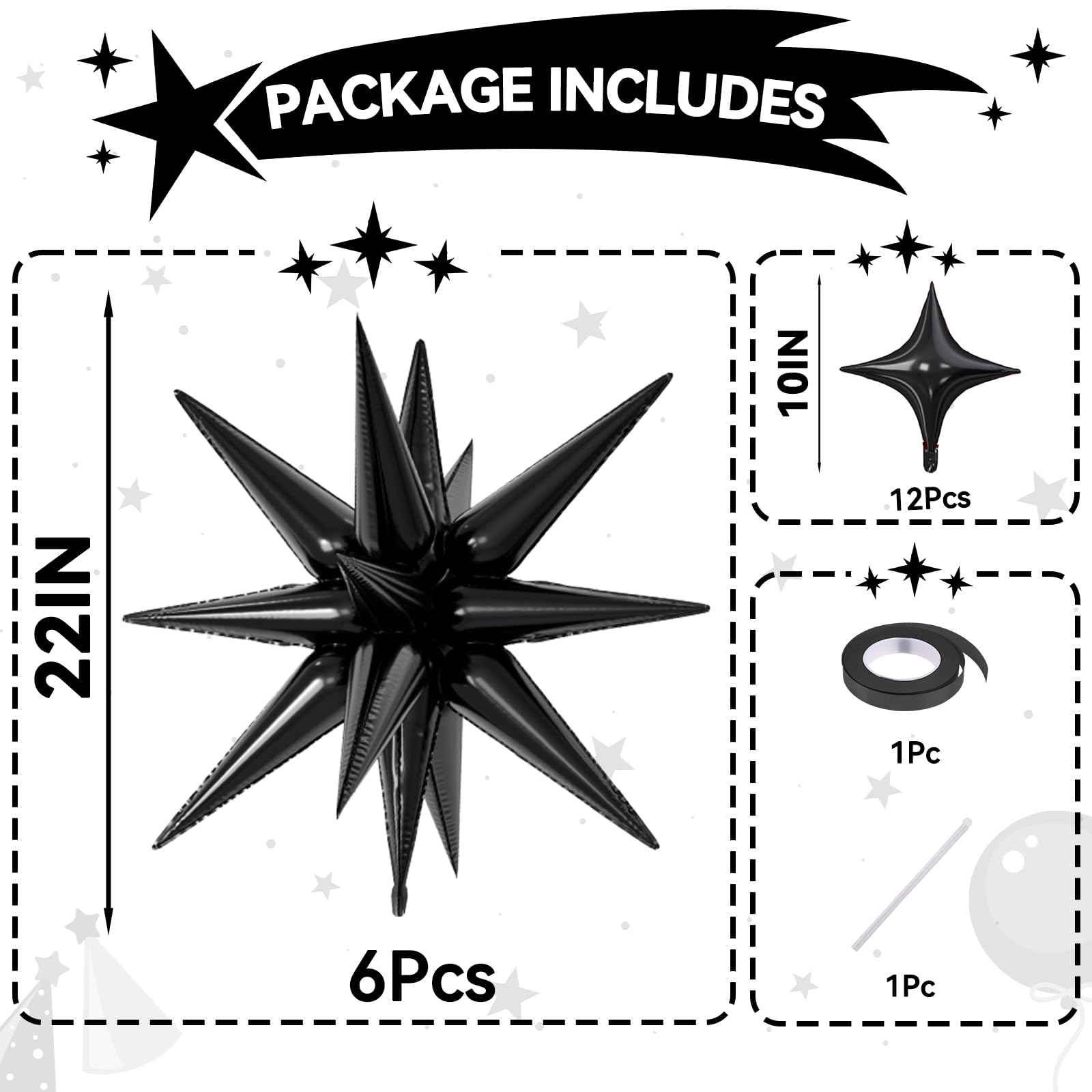 FunHot explosion star balloons in glossy black foil catch the light