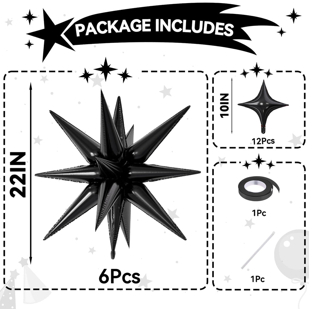 FunHot explosion star balloons in glossy black foil catch the light
