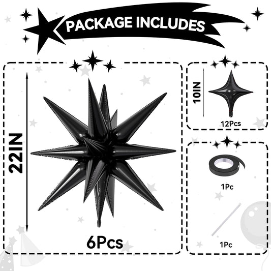 FunHot explosion star balloons in glossy black foil catch the light