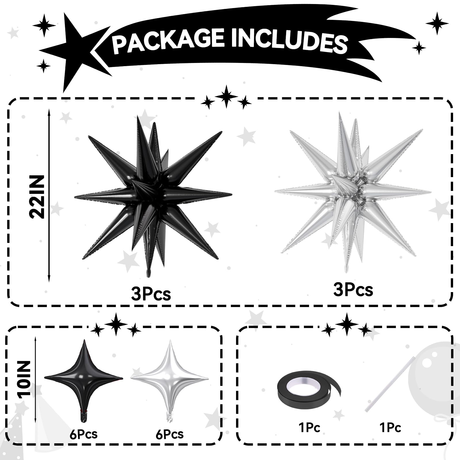 FunHot explosion star balloons silver 22-inch add a shimmering focal point.
