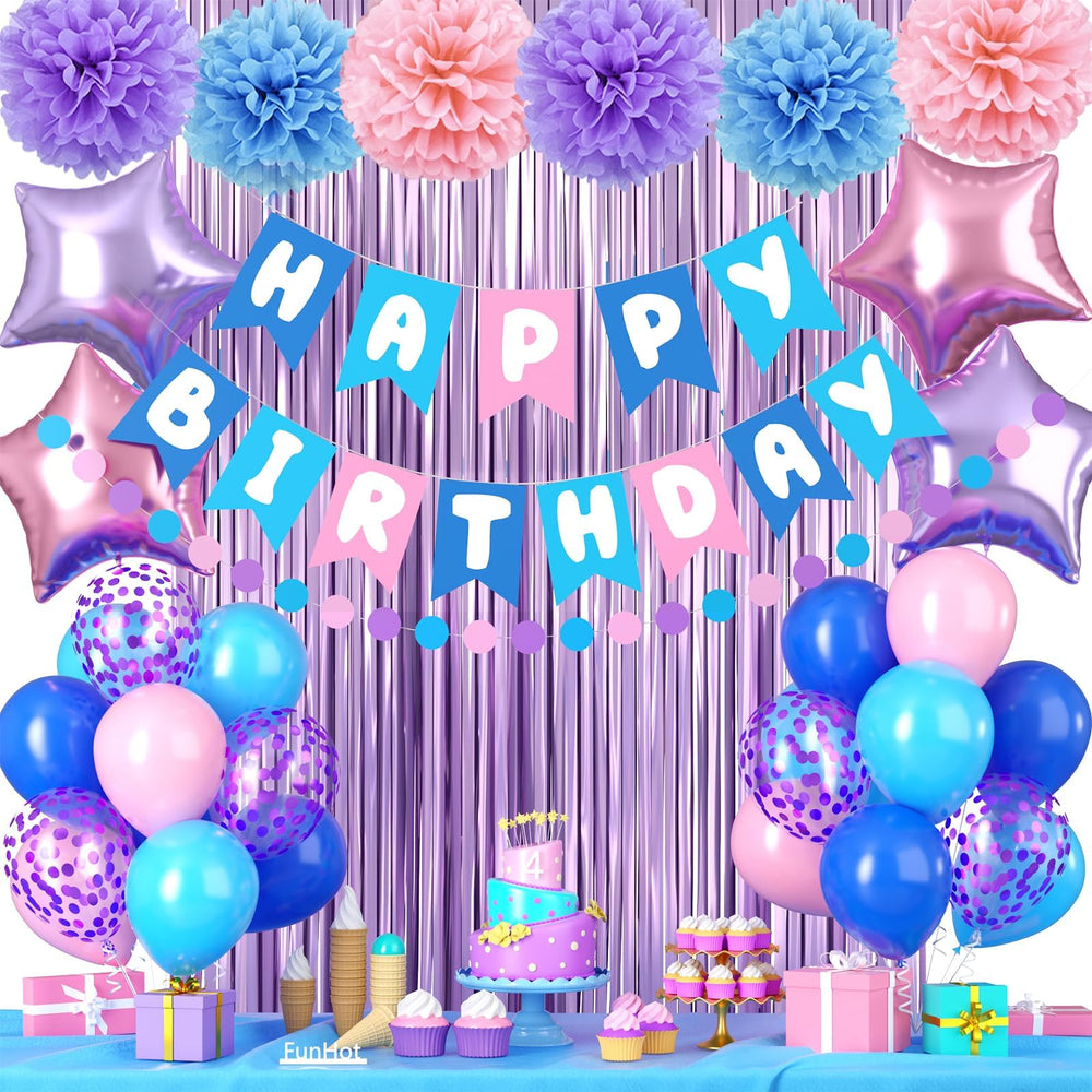FunHot purple pink blue balloons brighten party backdrop.