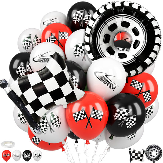 FunHot race car balloons with checkered flag backdrop for photo-worthy décor.