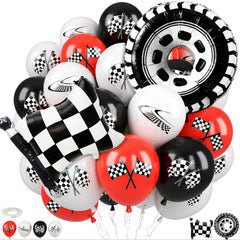 FunHot race car balloons with checkered flag backdrop for photo-worthy décor.