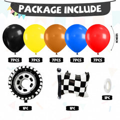 FunHot race car balloons with a red-striped tire balloon for bold racing detail