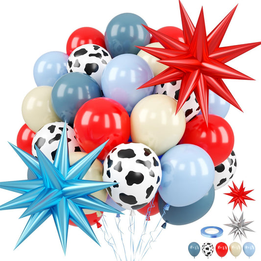 FunHot red cow balloons provide a bold focal point for farm party decor.