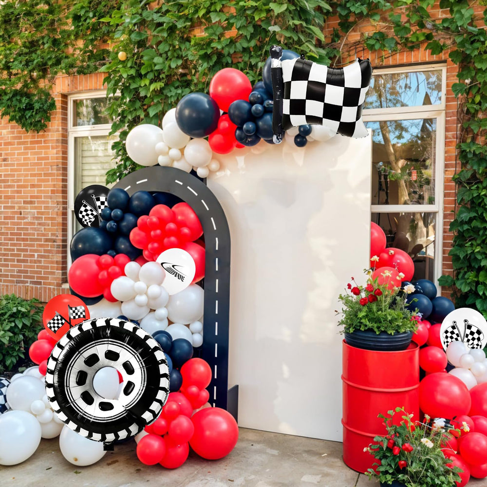 FunHot white checkered balloons with race-track patterns for backdrops.