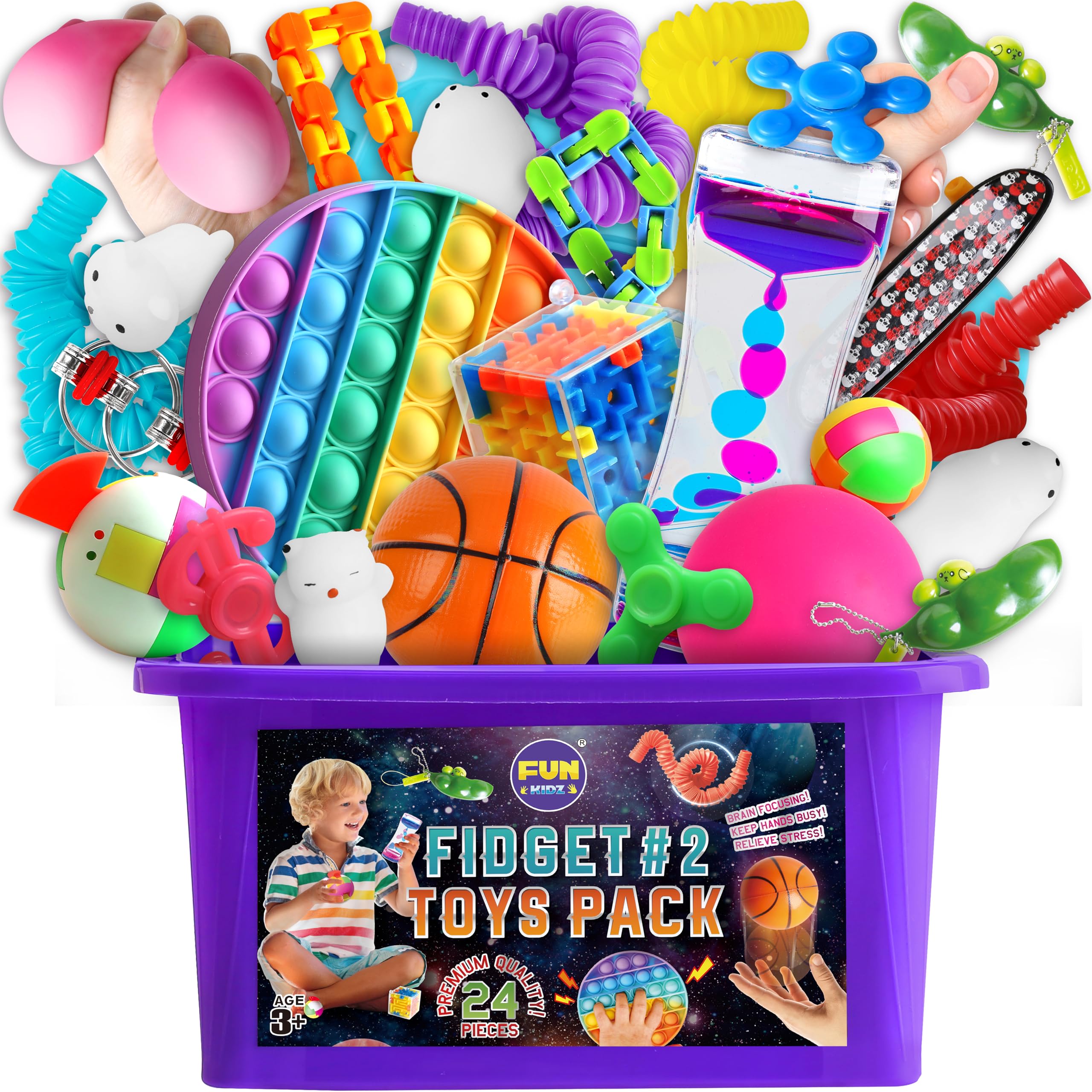 FUN KIDZ fidget pack box front view, a portable treasure box for on-the-go play.
