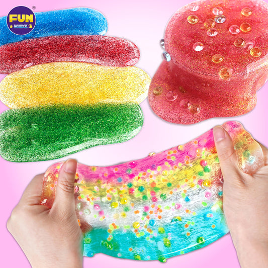 FunKidz glassy slime with neon glitter highlights vibrant colors for creative projects.