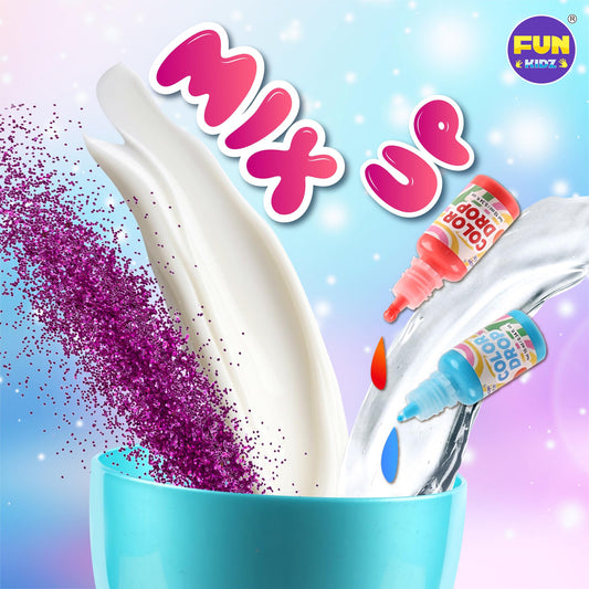 Funkidz slime glue and activator bottles neatly organized for easy use.