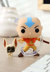 Side view of Funko Avatar Aang with Momo for display.