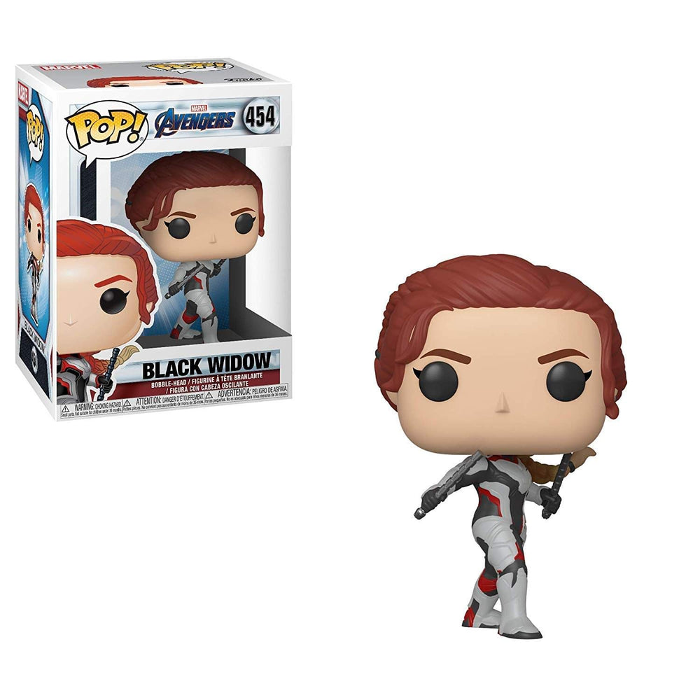 Funko POP Avengers Endgame Black Widow in window display packaging, ideal for gifting and display