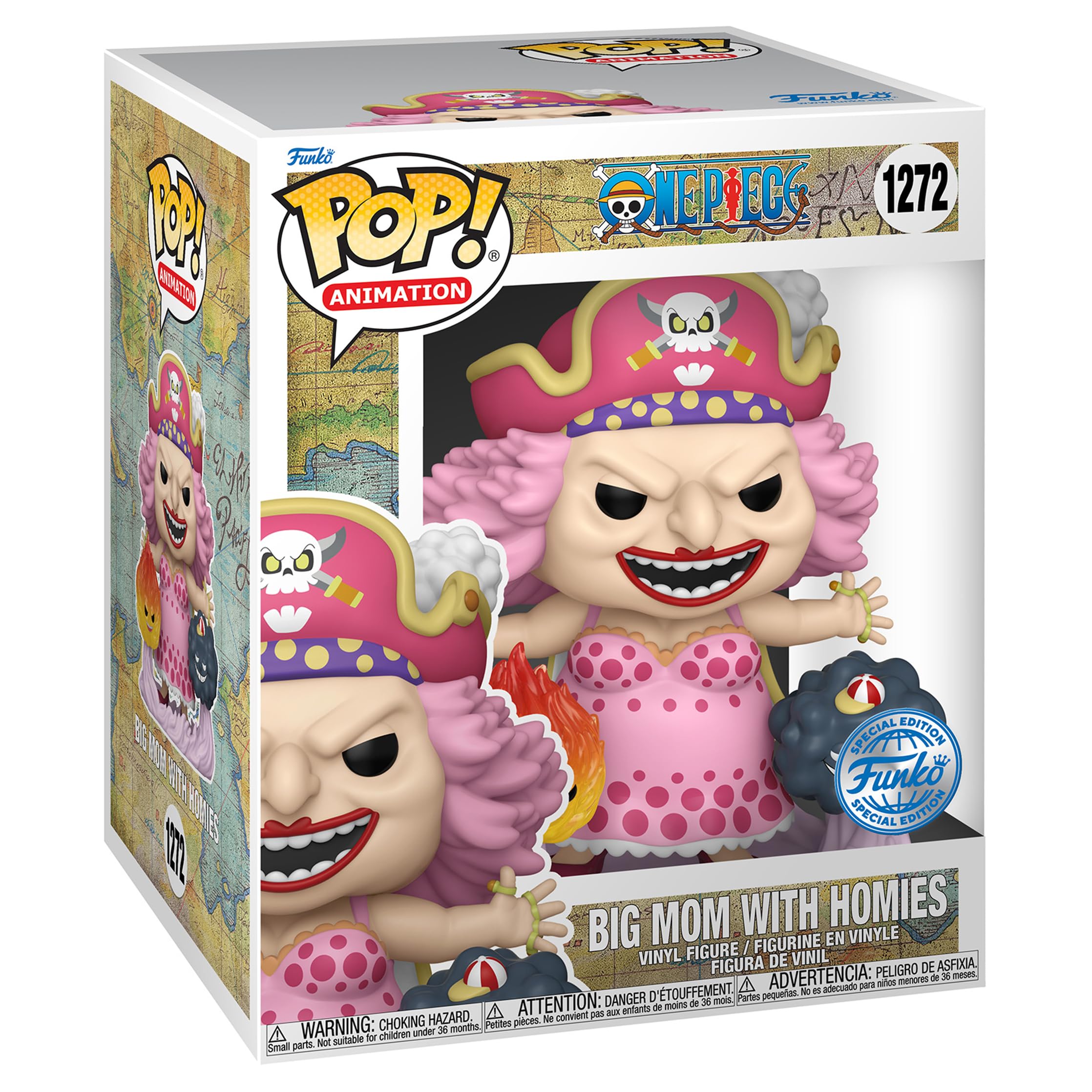 Funko Big Mom with Homies figure, back view, detailed artwork enhances display appeal.
