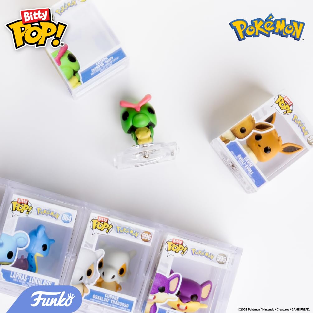 Stackable acrylic display case holds four Bitty figures.