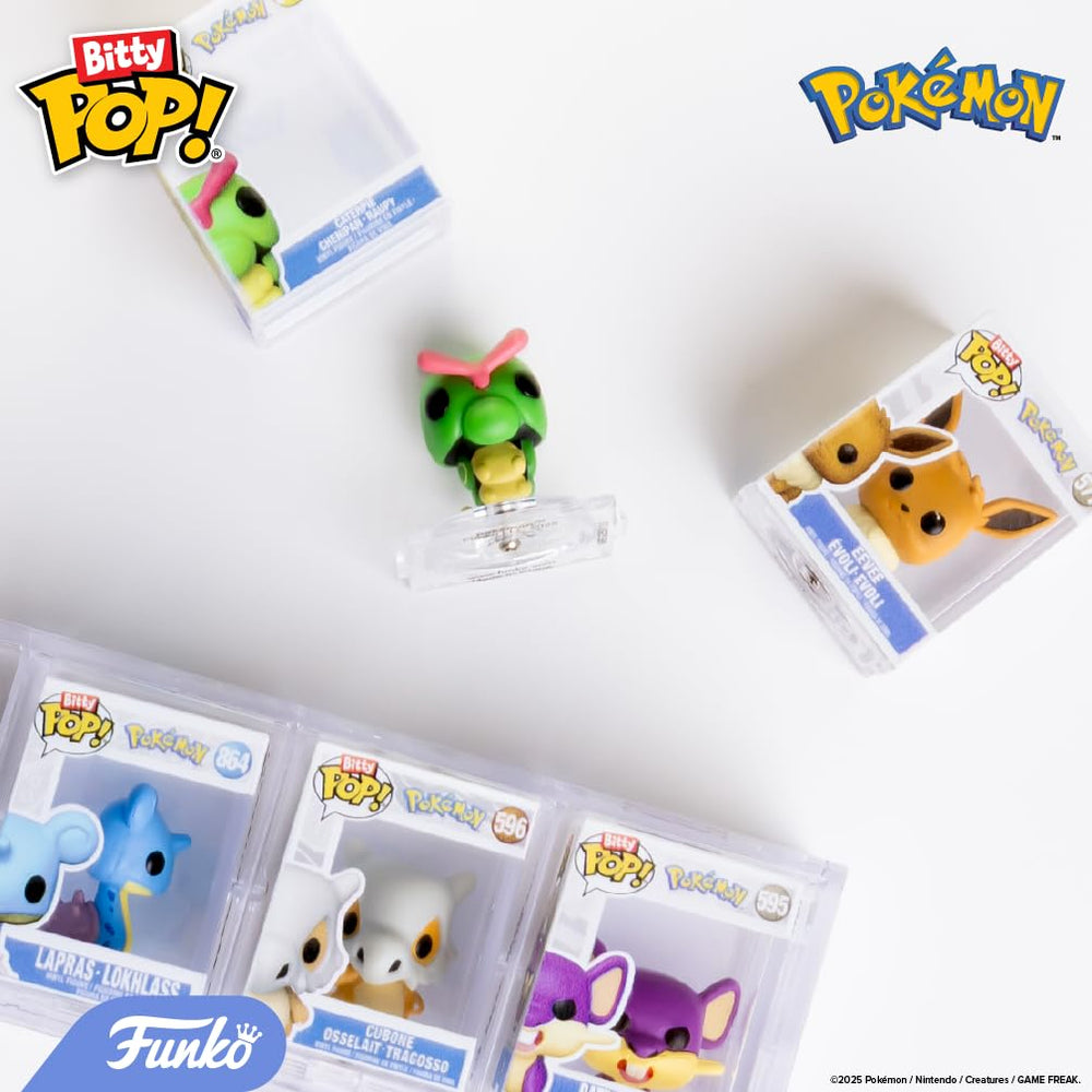 Stackable acrylic display case holds four Bitty figures.