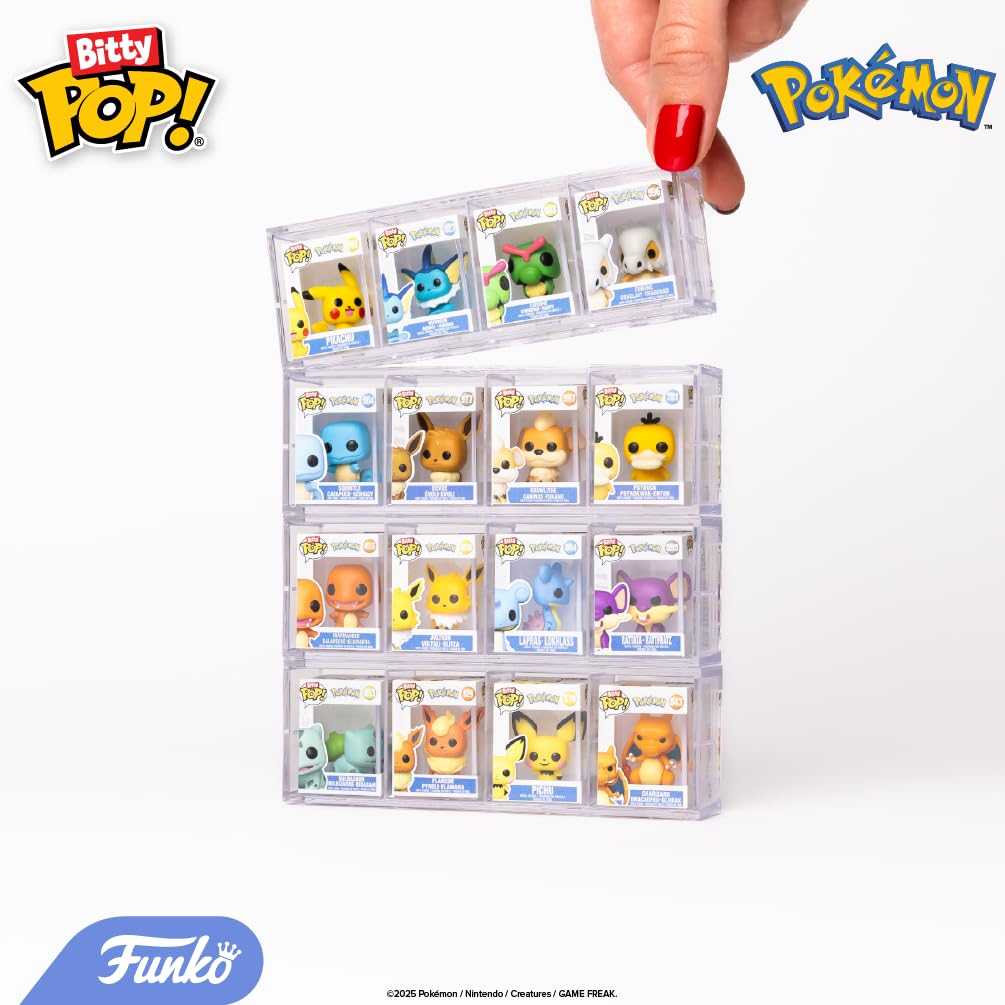 Funko Bitty Charmander display case keeps mini figure organized on a shelf.