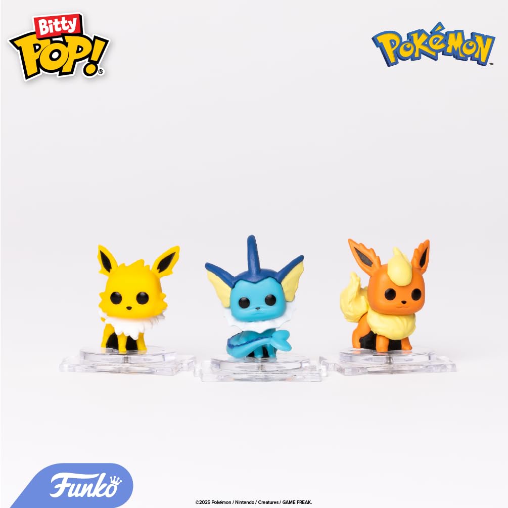 Packaging with four Bitty figures in secure acrylic case.