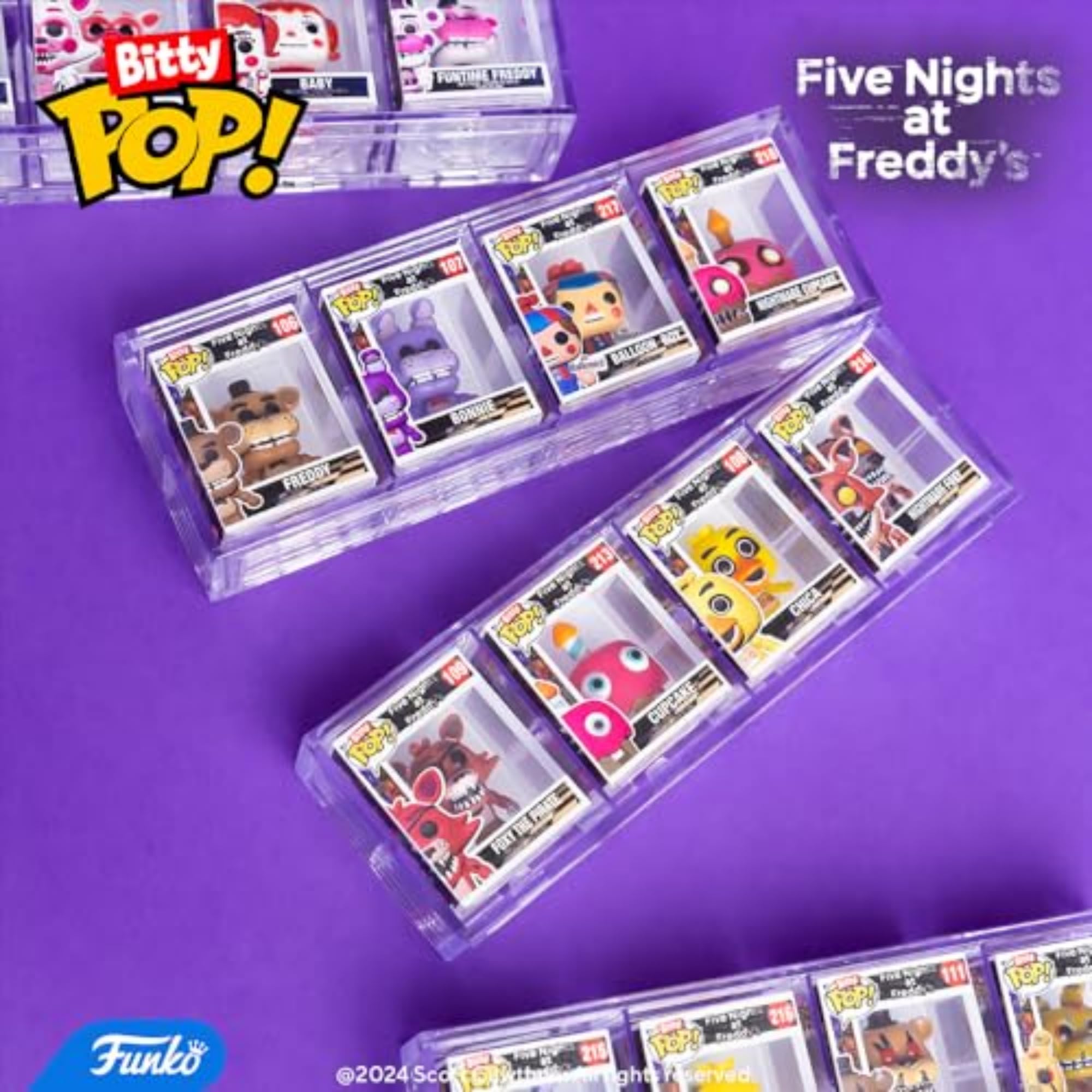 Funko Bitty Pop display case; four minis organized.