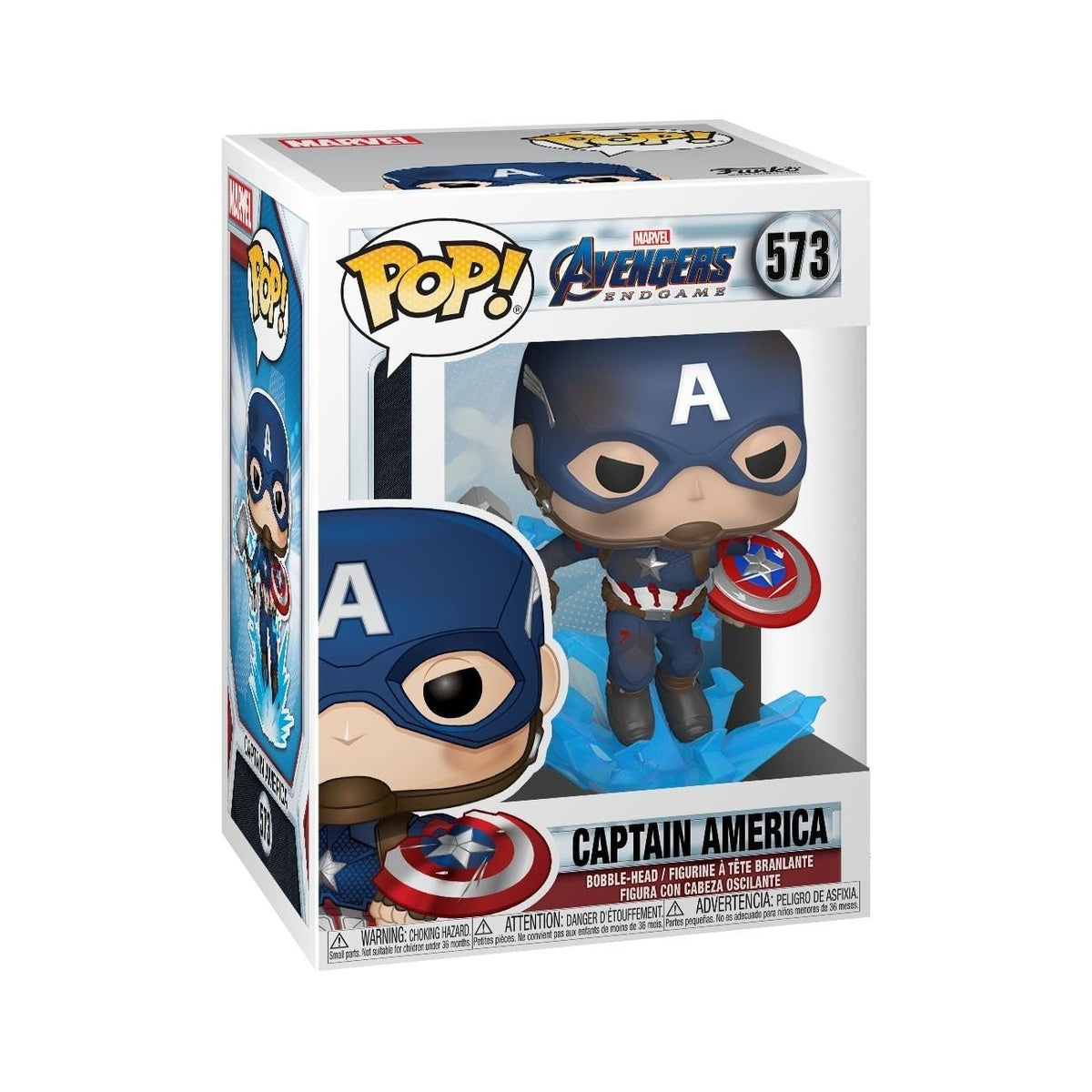 Funko Captain America Endgame figure with broken shield and Mjolnir, ideal for display.