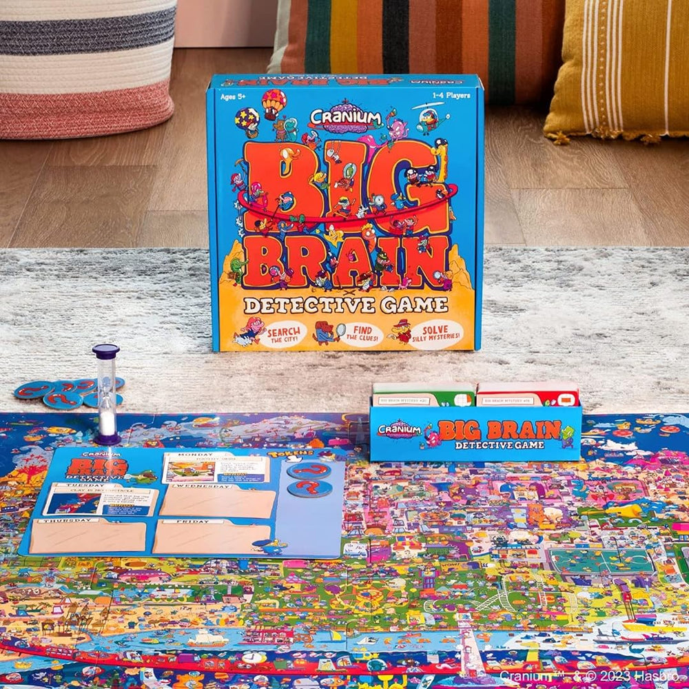 Funko Cranium Big Brain Detective table scene shows players collaborating during a lively mystery
