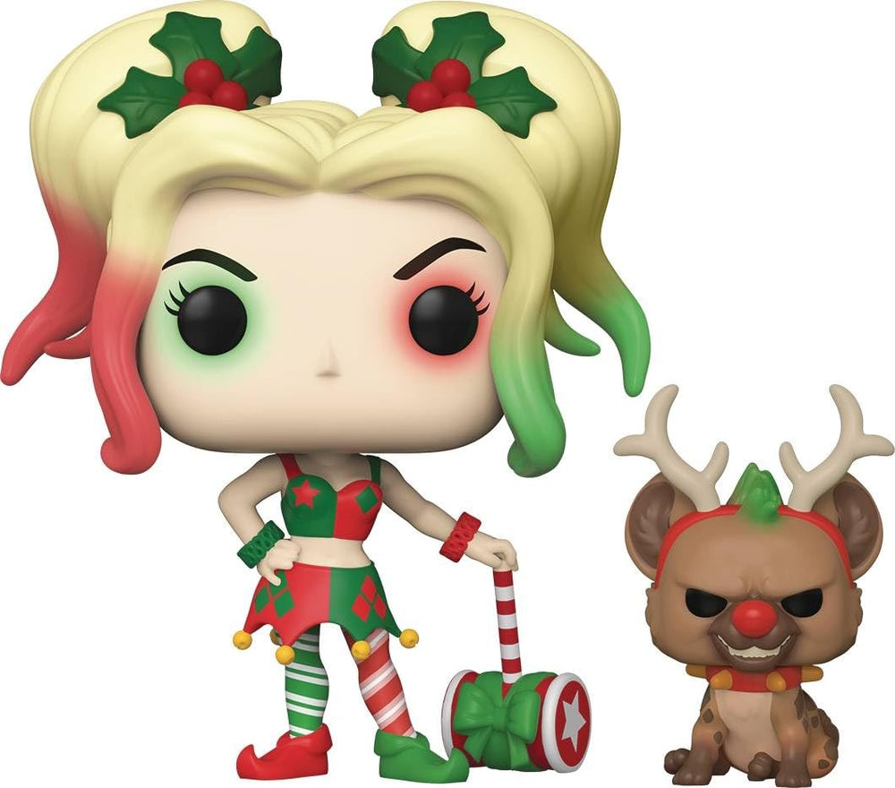 Funko DC Holiday Harley Quinn with Helper figure, 3.75 inches for display and shelf collection.