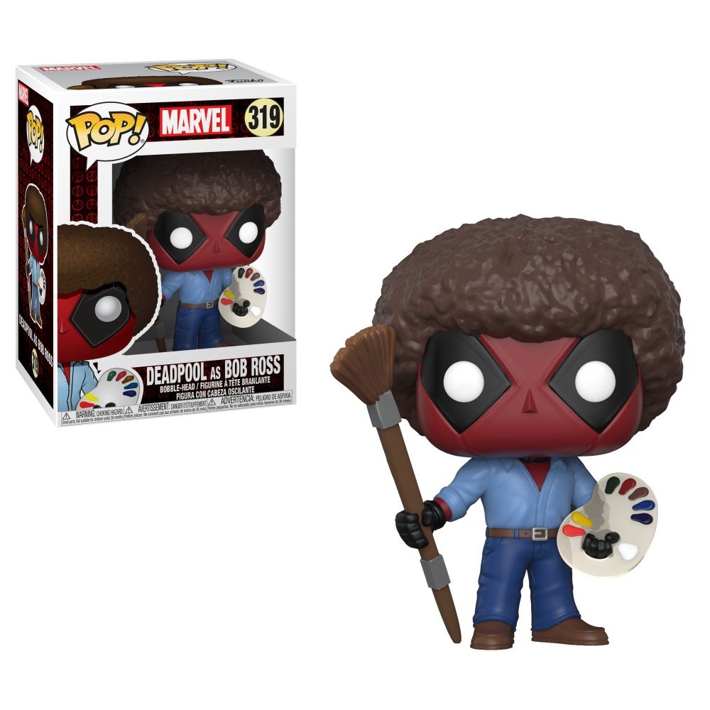 Funko Deadpool Bob Ross Playtime figure for desk display and gift idea.