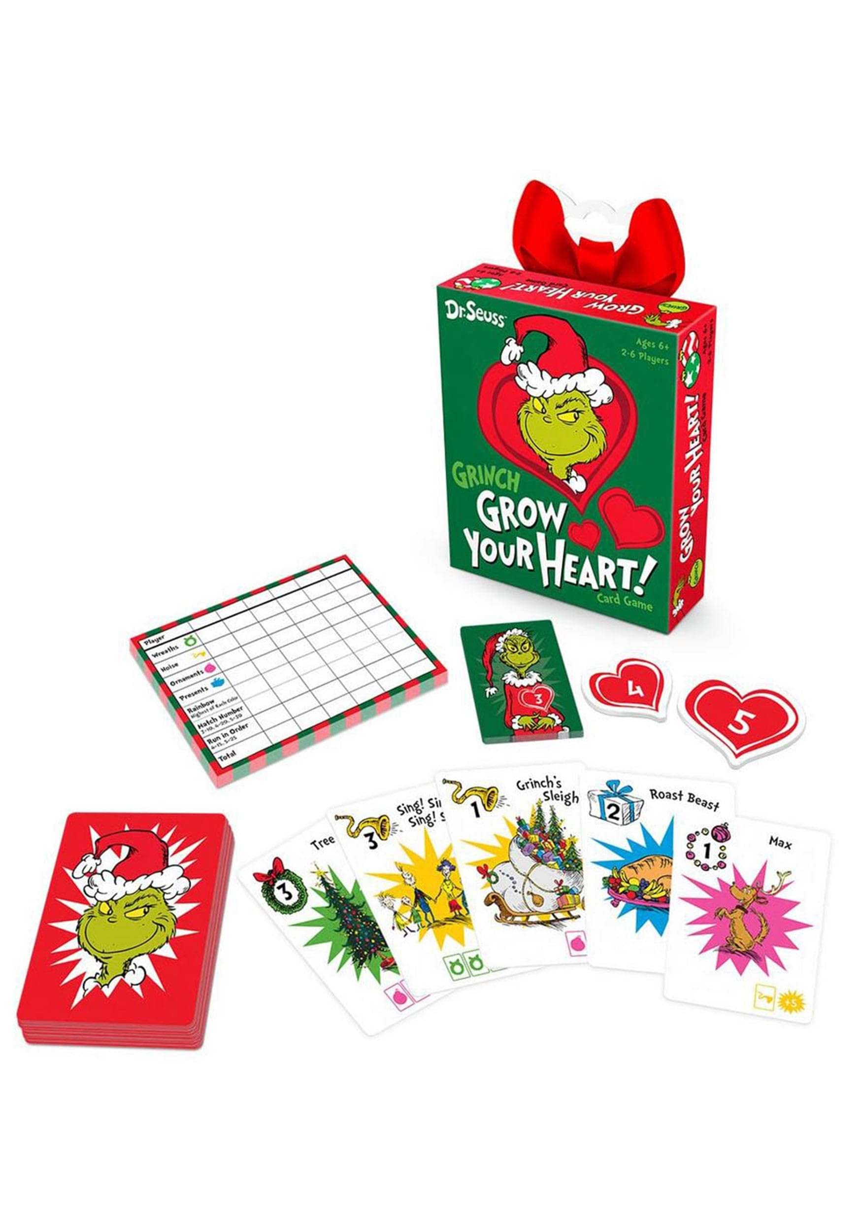 Funko Dr. Seuss Grinch Grow Your Heart components show colorful cards and heart tokens for gameplay.