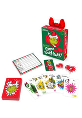 Funko Dr. Seuss Grinch Grow Your Heart components show colorful cards and heart tokens for gameplay.