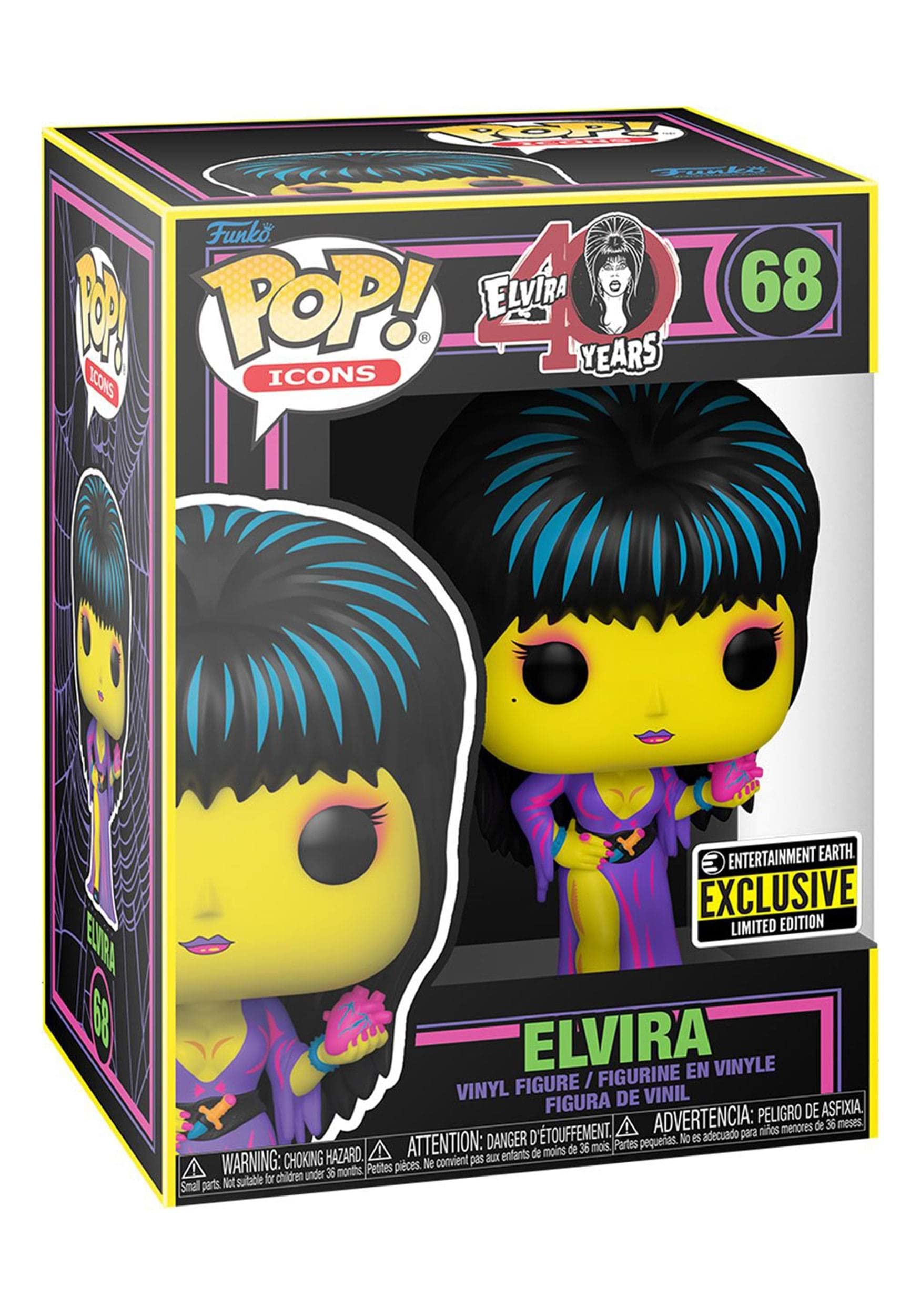 Funko Elvira glows under black light, highlighting neon colors for an eye-catching shelf.