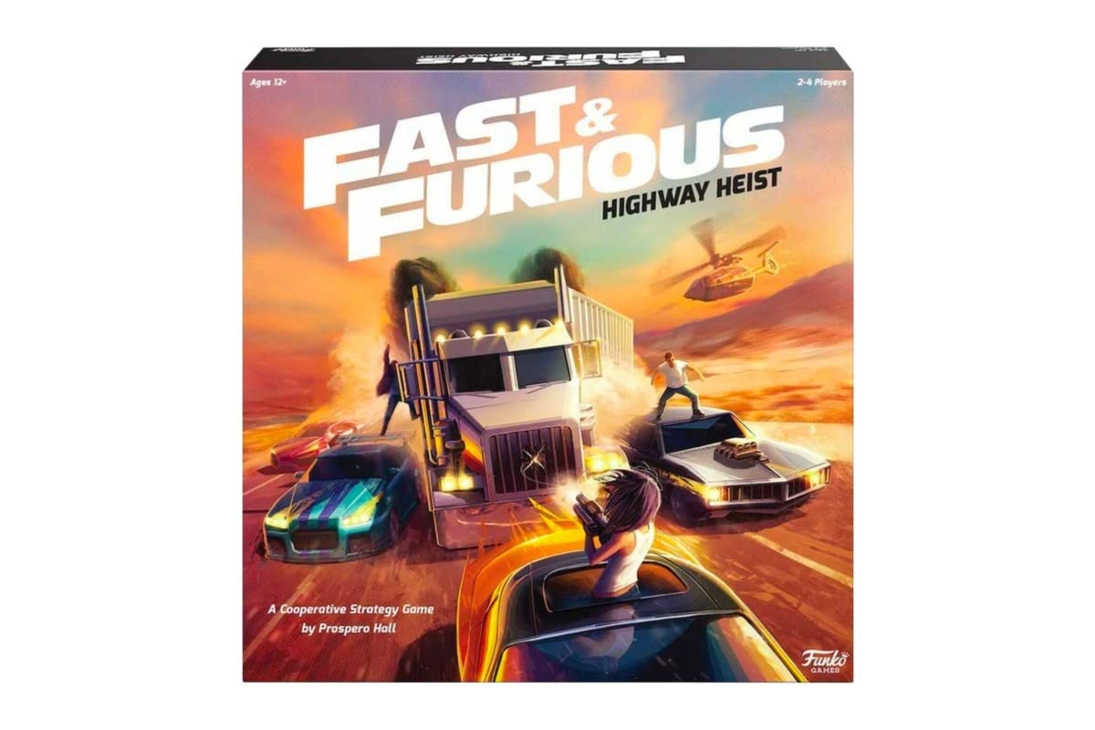 Funko Fast & Furious Highway Heist Game cover art showcasing a cinematic team setup for cooperative play