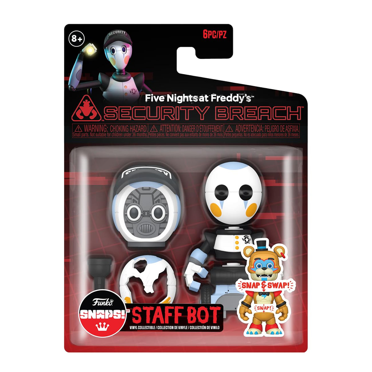Funko FNAF Snaps Staff Bot figure on display, ideal for collectors and gifts.