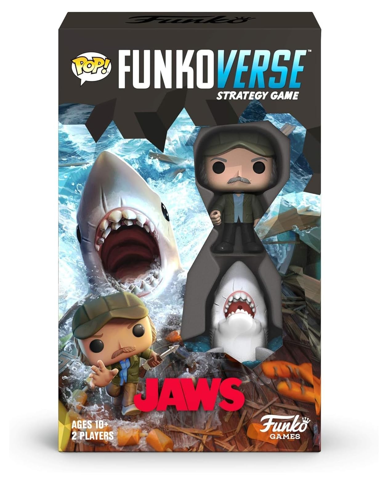 Funko Games Funkoverse Jaws 100-2 Pack box front featuring Quint and the Shark for fans.