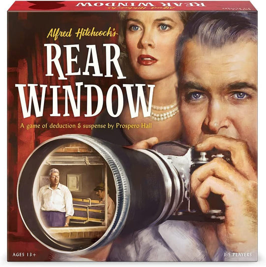 Funko Games Rear Window Game box cover featuring 1950s film noir art for immersive mystery.