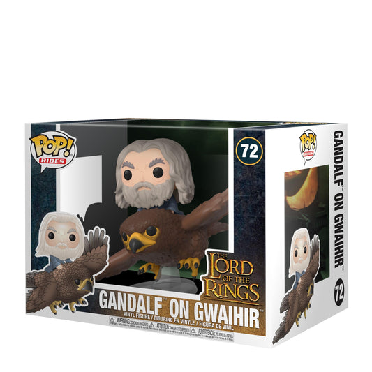 Front view of Funko Gwaihir with Gandalf Pop Ride on display shelf.