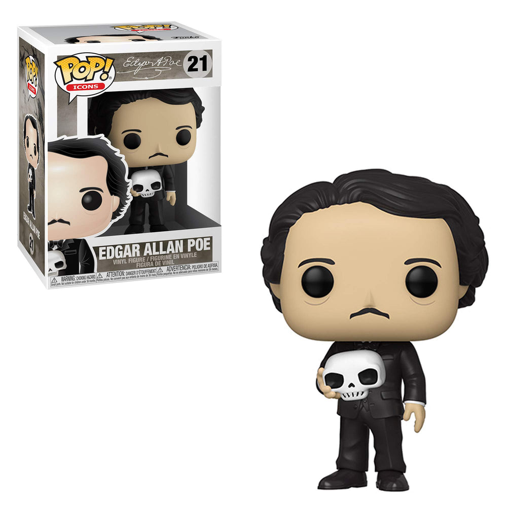 Funko Icons Edgar Allan Poe with Skull figure, front view, ideal for display collection.