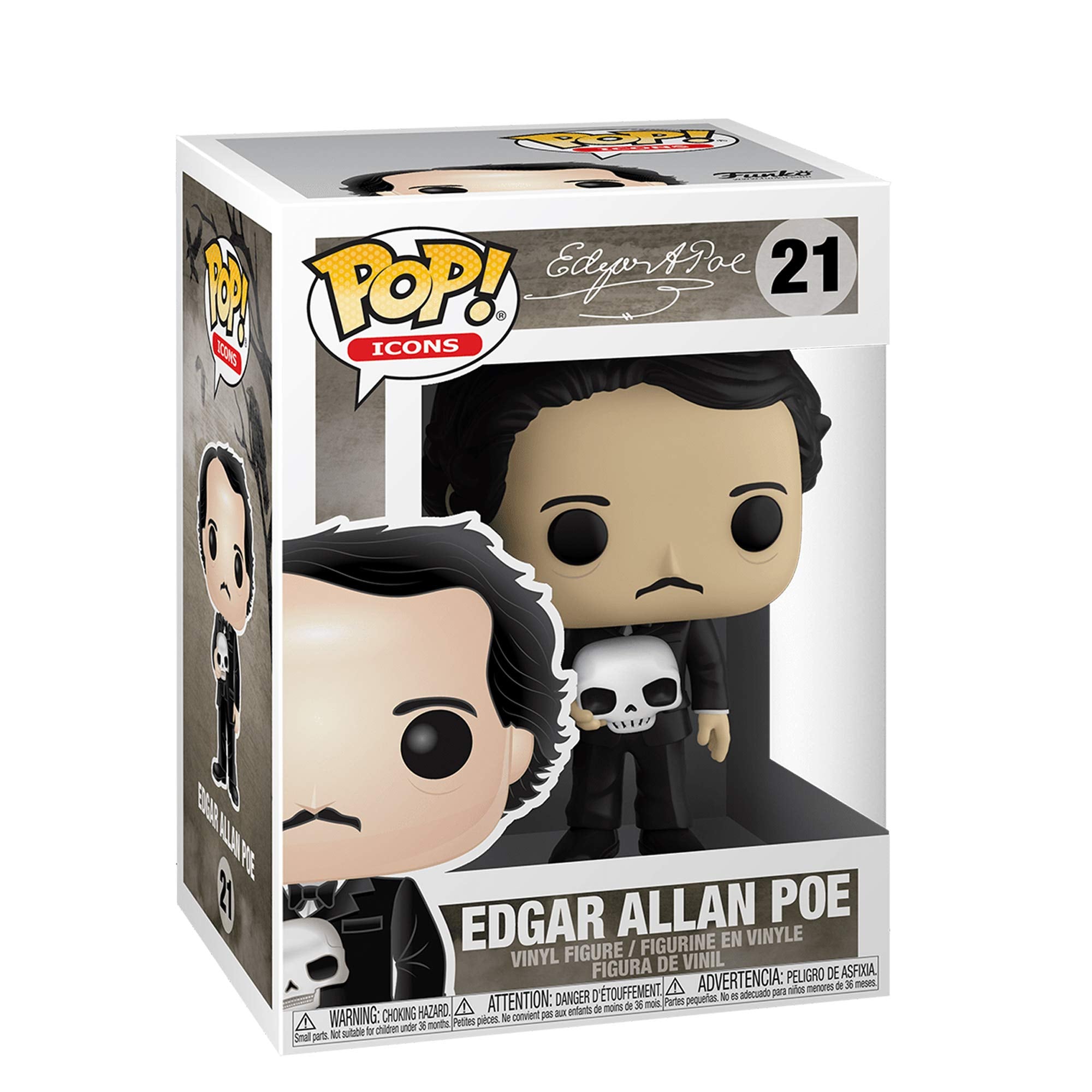 Funko Icons Edgar Allan Poe with Skull figure, side view, pairs well with other Icons.