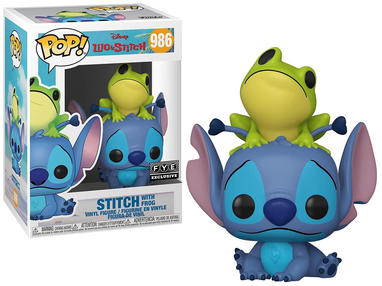 Funko Stitch with Frog Pop figure perched on Stitch's head, ideal for display