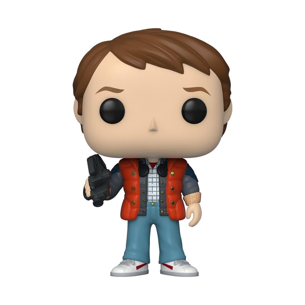 Marty Puffy Vest Funko Pop sits neatly on desk or shelf.